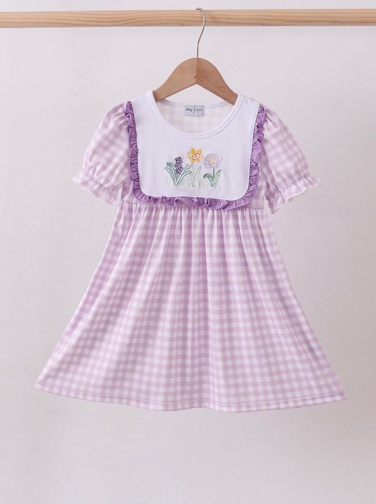 Purple Floral Embroidery Gingham Dress