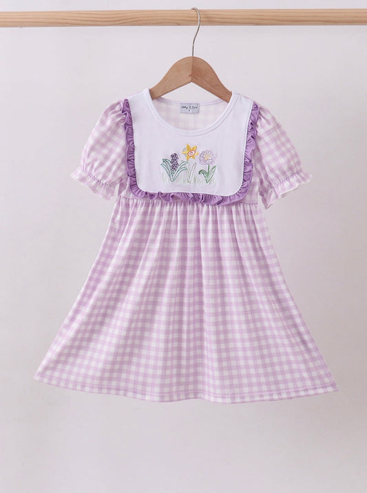 Purple Floral Embroidery Gingham Dress