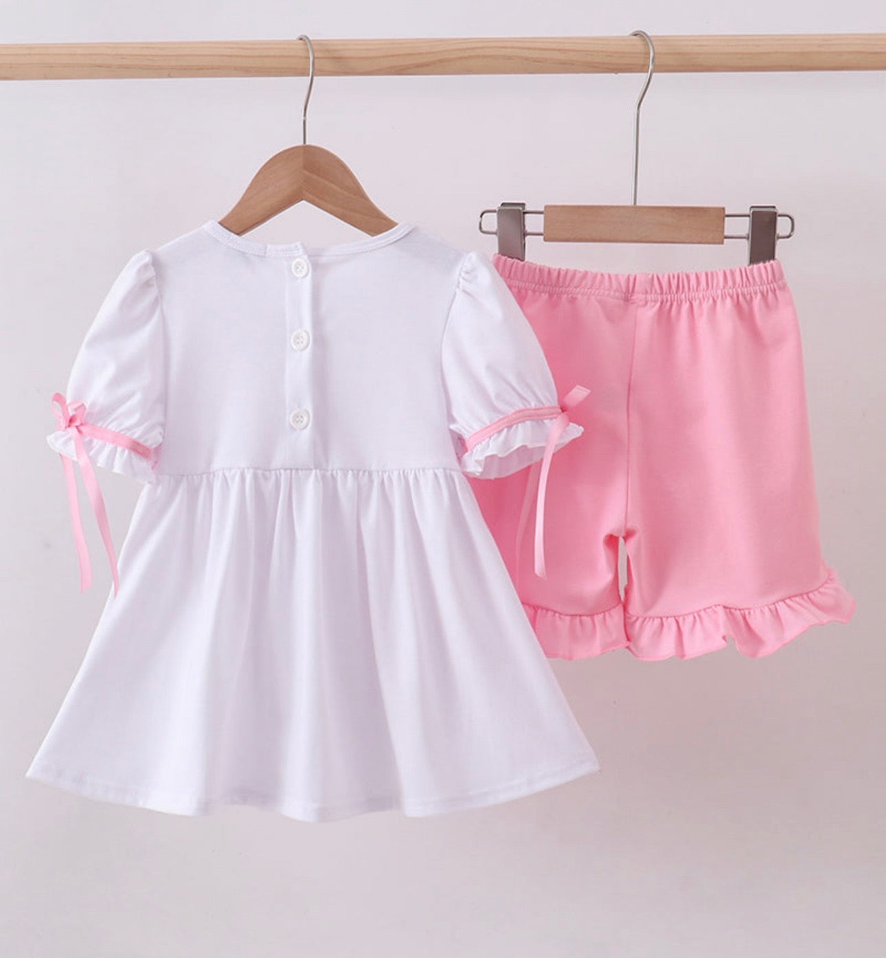 White Cross Smocked Ruffle Shorts Set