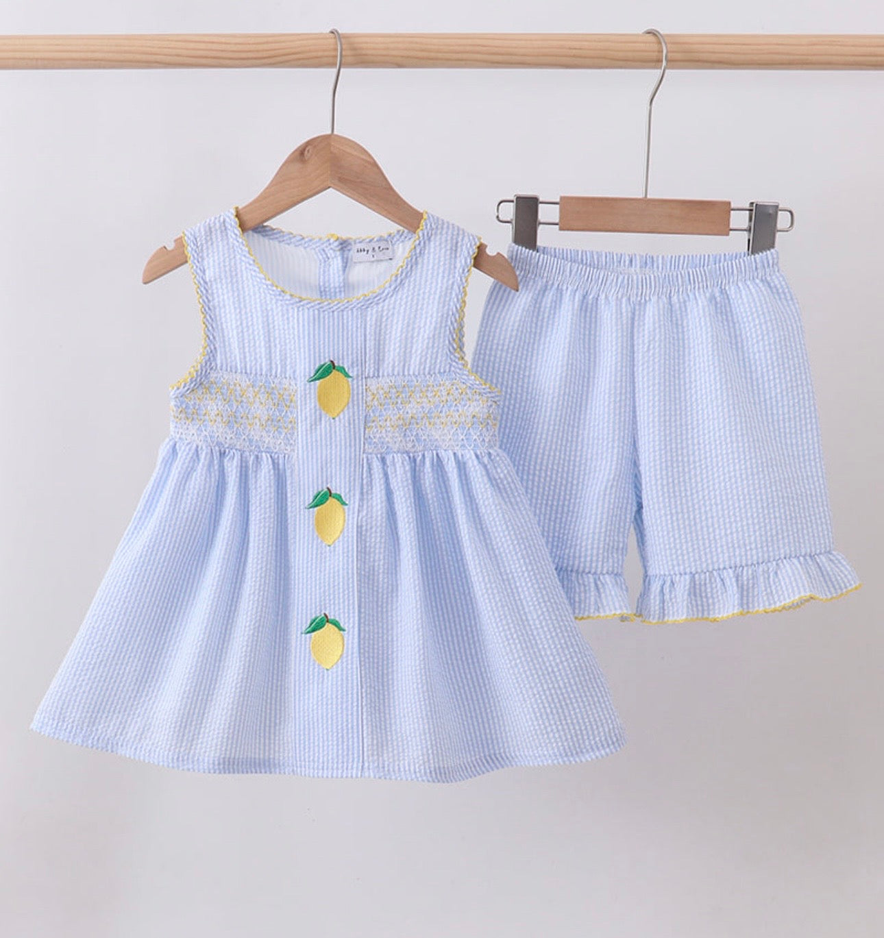 Blue Lemon Embroidery Seer Sucker Ruffle Shorts Set