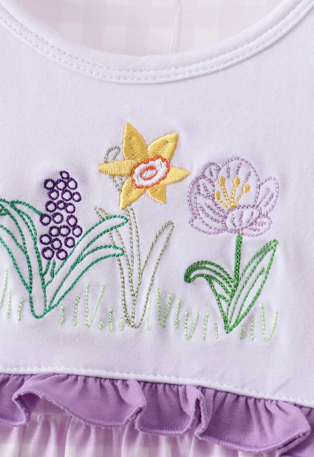 Purple Floral Embroidery Gingham Dress