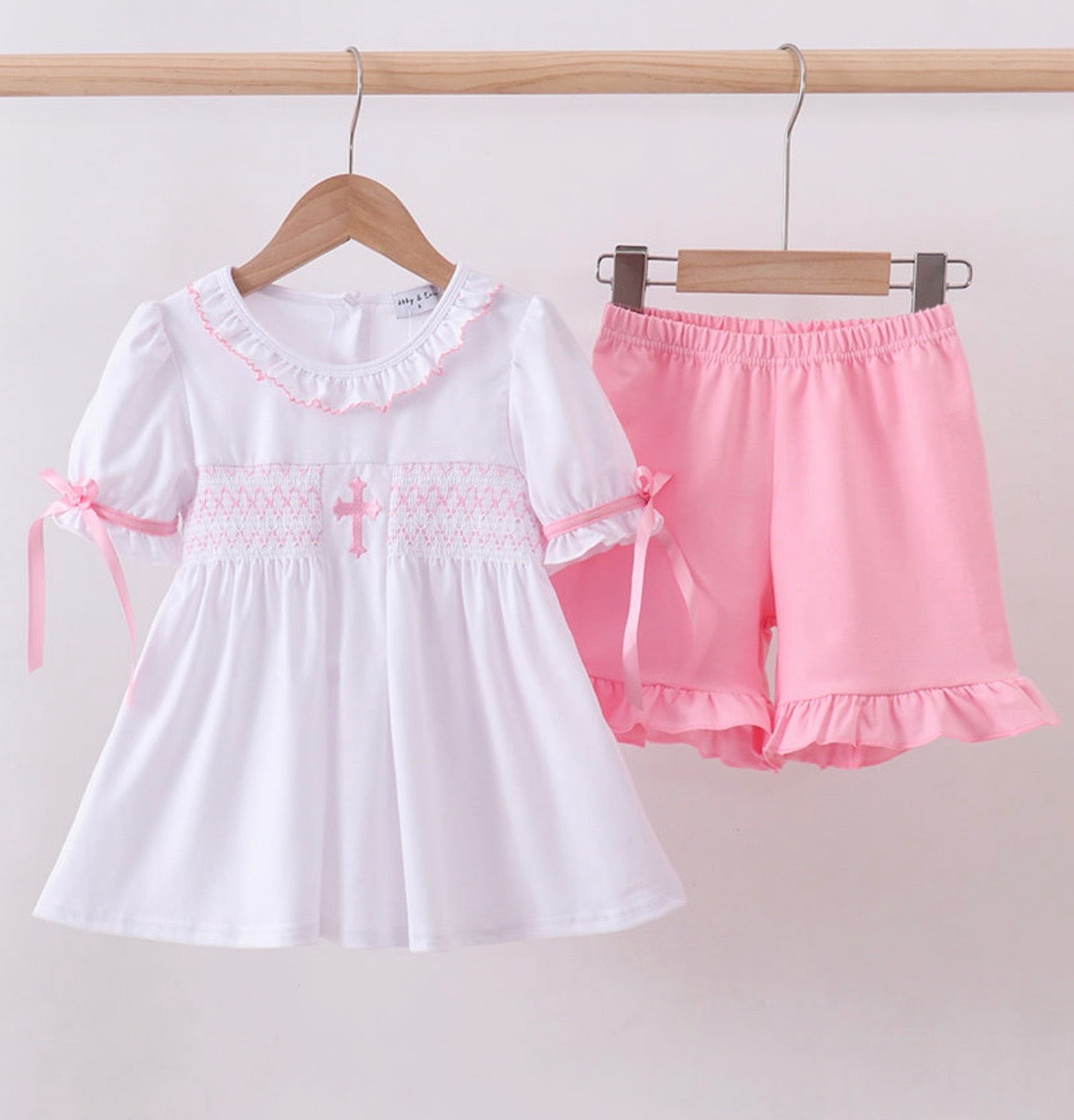 White Cross Smocked Ruffle Shorts Set