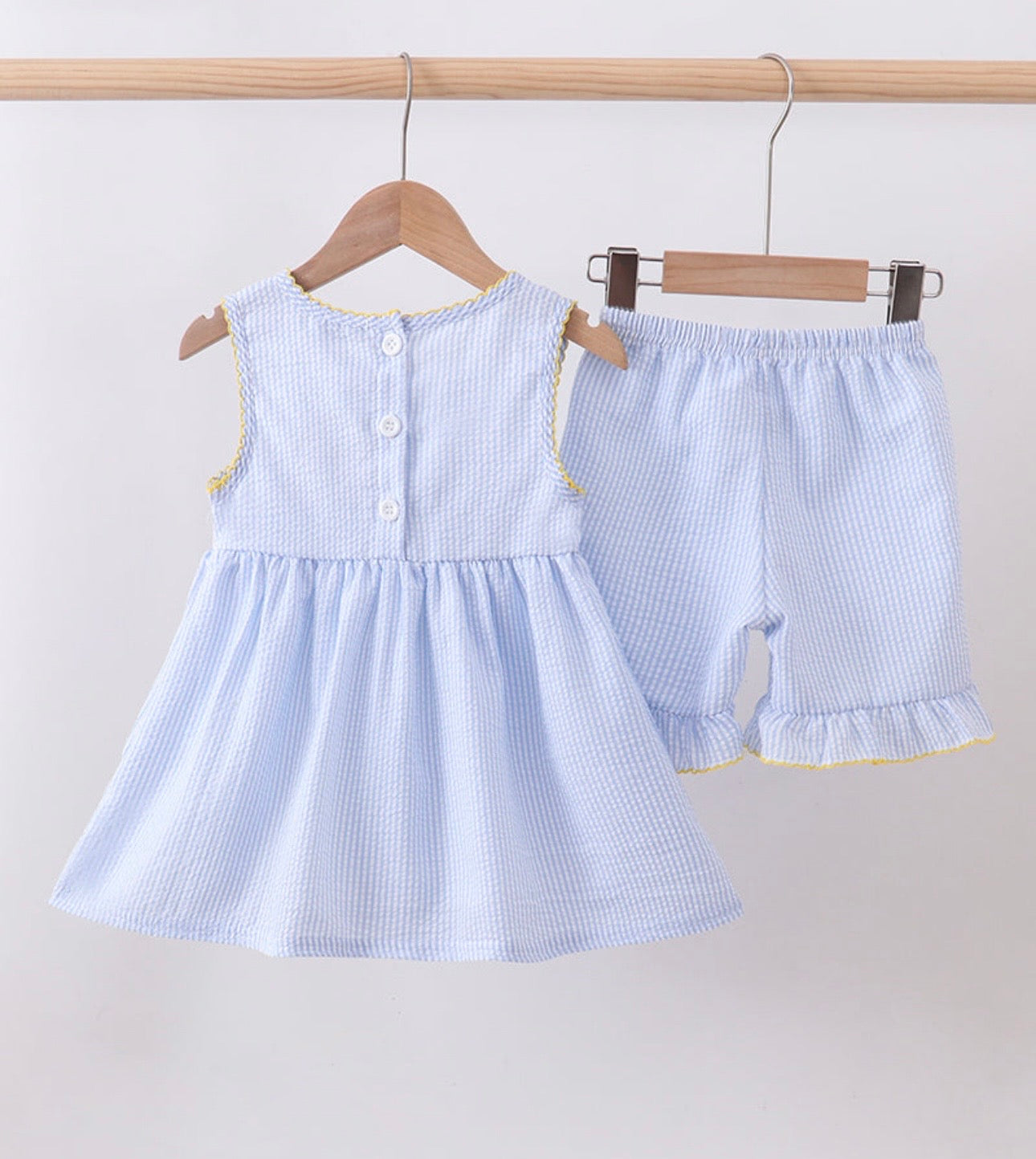 Blue Lemon Embroidery Seer Sucker Ruffle Shorts Set