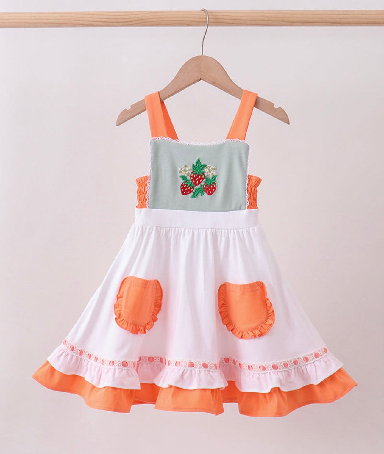 Sage Strawberry Embroider Ruffle Dress